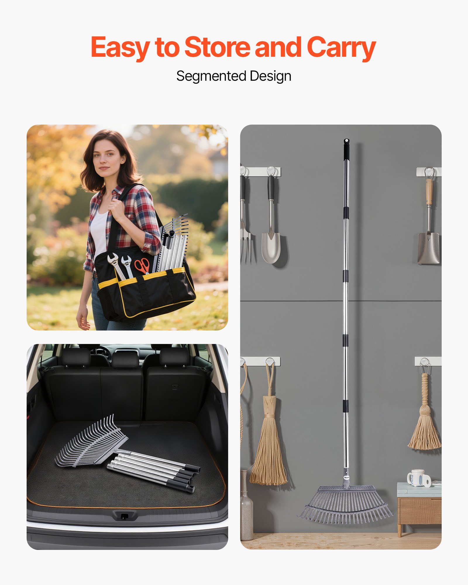 VEVOR Leaf Rake, 25 Metal Tines, Adjustable Garden Rake for Lawns with 46.5 cm Wide Head and 92.5-185 cm Long Handle, Heavy Duty Stainless Steel Small Leaves Tool for Gardening Camping Yard Grass