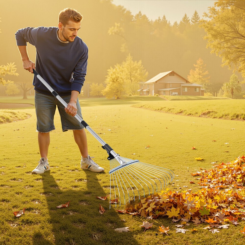 VEVOR Rastrello per Foglie, 18 Denti in Metallo, Rastrello da Giardino Regolabile per Prati con Testa Larga 195 a 435 mm, Strumento per Foglie in Acciaio Inox per Giardinaggio, Campeggio