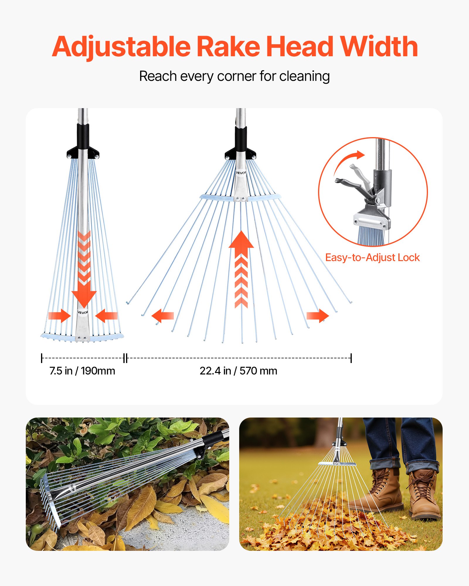 VEVOR Rastrello per Foglie, 15 Denti in Metallo, Rastrello da Giardino Regolabile per Prati con Testa Larga 190 a 570 mm, Strumento per Foglie in Acciaio Inox per Giardinaggio, Campeggio