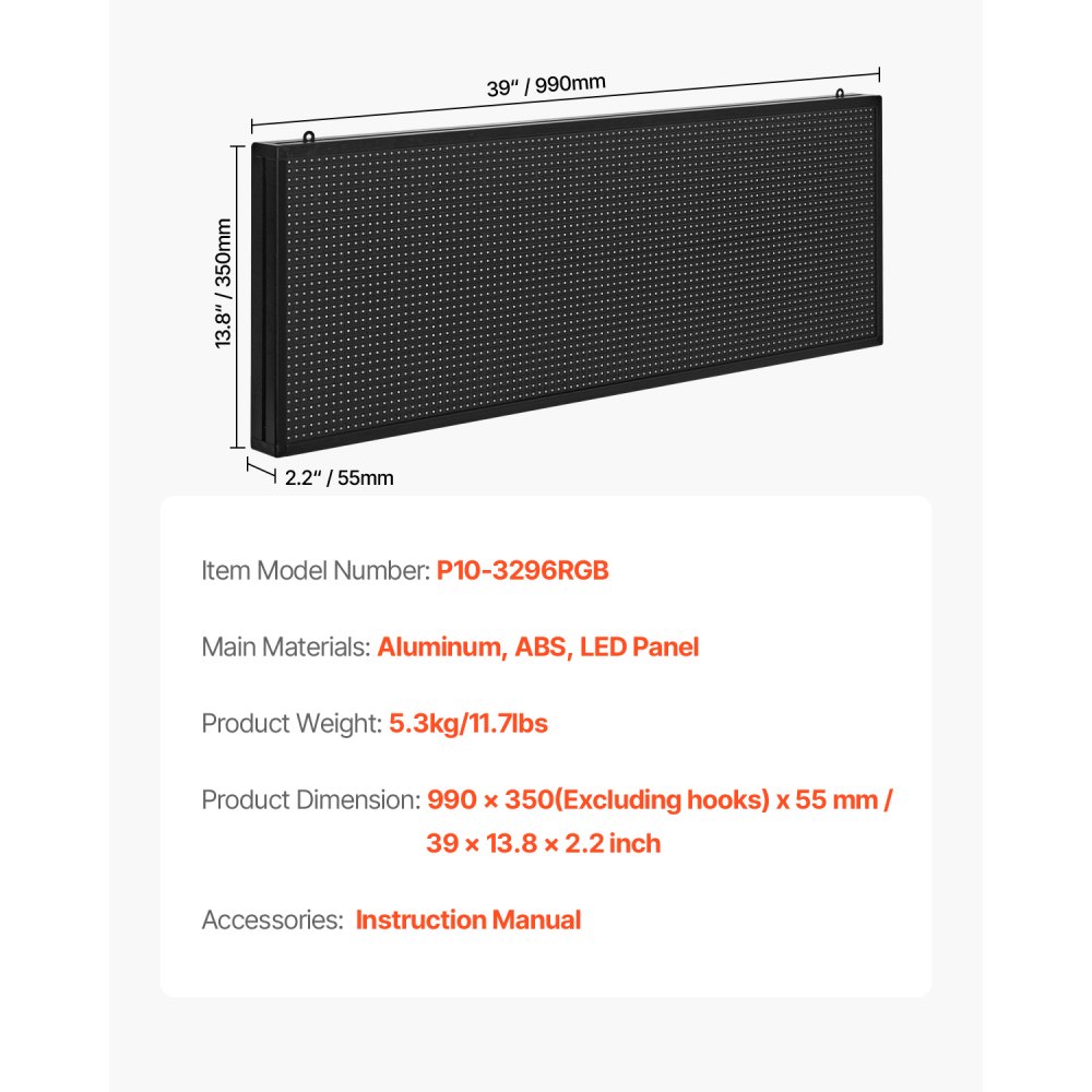VEVOR Pannello Digitale Scorrevole Flessibile a Colori P10 Programmabile a LED, Pannello Espositivo Fai da Te con Motivo di Testo Personalizzato e Controllo GIF e App Bluetooth, 990 x 350 x 55 mm