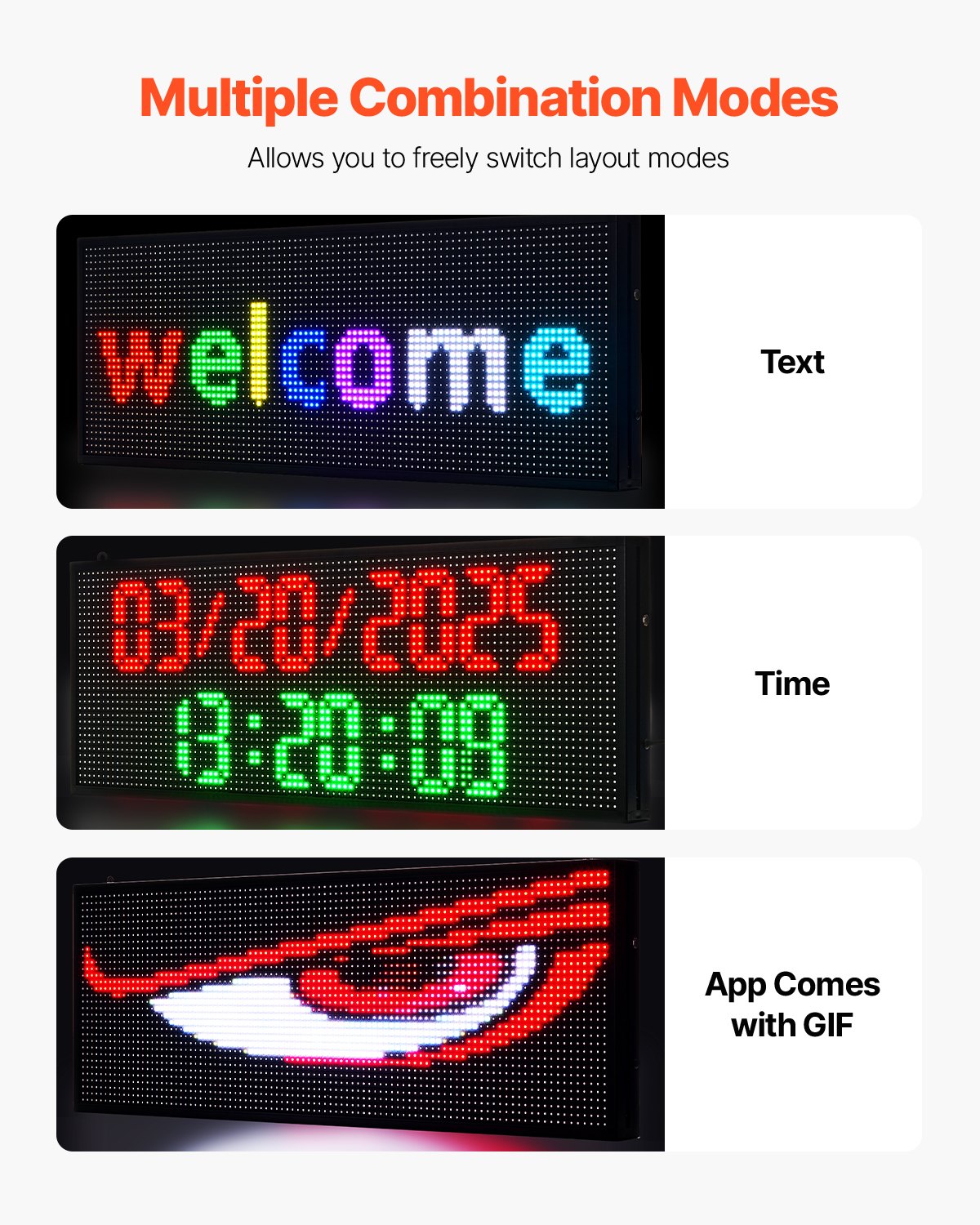 VEVOR Pannello Digitale Scorrevole Flessibile a Colori P10 Programmabile a LED, Pannello Espositivo Fai da Te con Motivo di Testo Personalizzato e Controllo GIF e App Bluetooth, 990 x 350 x 55 mm