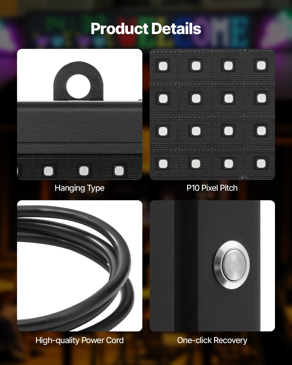 VEVOR Pannello Digitale Scorrevole Flessibile a Colori P10 Programmabile a LED, Pannello Espositivo Fai da Te, Motivo Testo Personalizzato, Controllo GIF App Bluetooth, 990 x 190 x 55 mm