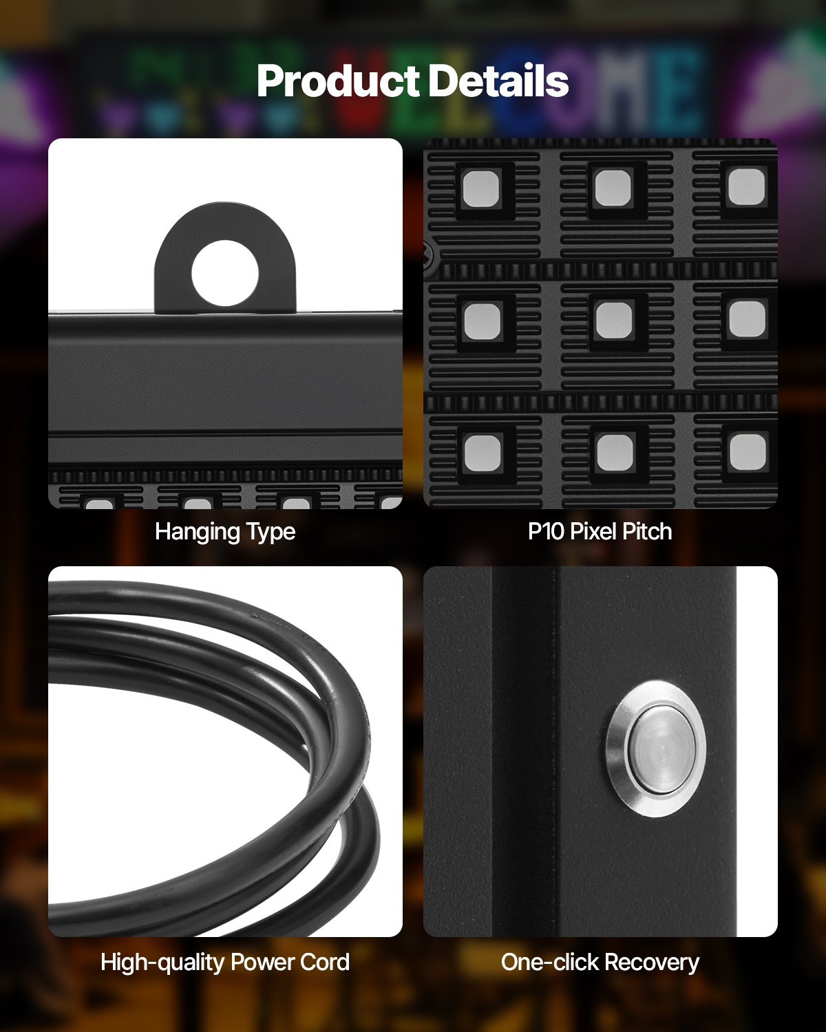 VEVOR Pannello Digitale Scorrevole Flessibile a Colori P10 Programmabile a LED, Pannello Espositivo Fai da Te con Motivo Testo Personalizzato, Controllo GIF App Bluetooth, 1310 x 190 x 55 mm