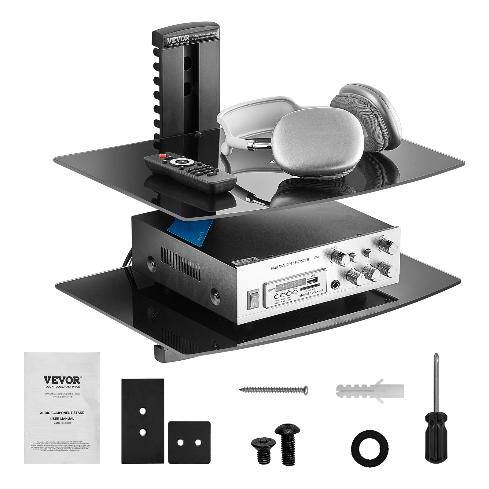 VEVOR Supporto Multimediale Scaffale Galleggiante per Proiettore con 2 Ripiani, Mensola a Parete Multimediale, Supporto a Parete per Audio, Rack di Stoccaggio Multimediale Regolabile per Lettori DVD/Decoder via Cavo/Console di Gioco