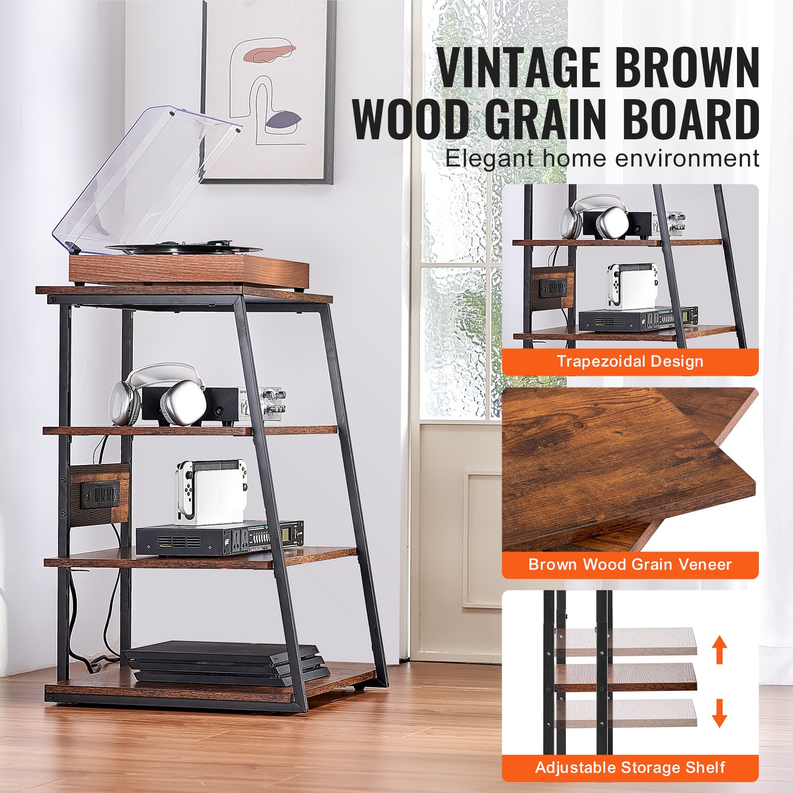 VEVOR 4-tier media stand with power strips, wooden media stand with LED lights, audio component cabinet, stereo component rack cabinet, height-adjustable media storage cabinet