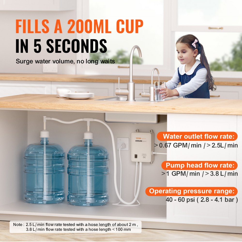VEVOR Pompa di Erogazione 3,78 L/min, Pompa di Erogazione dell’acqua, Sistema di Acqua in Bottiglia, 40 PSI 11-22L, Sistema di Acqua in Bottiglia Tubo di Doppia Tubatura