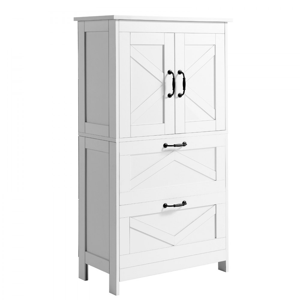 VEVOR Bathroom Floor Cabinet, 4-Tier, Wooden Storage Organizer with 2 Doors, 2 Drawers and Adjustable Shelf, Modern Home Furniture Freestanding Cupboard for Kitchen/Living Room/Entryway Use, White