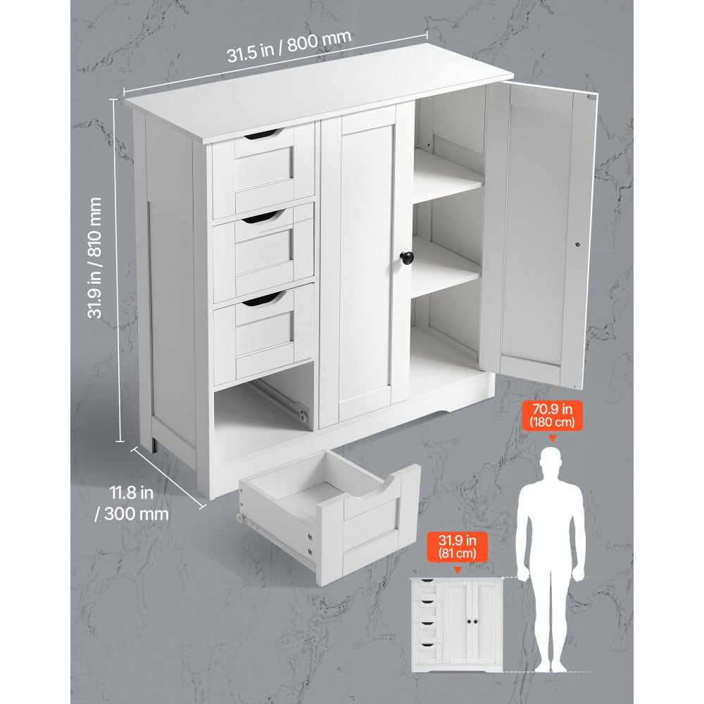 VEVOR Bathroom Floor Cabinet, 3-Tier, Wooden Storage Organizer with 2 Doors, 4 Drawers and Adjustable Shelf, Modern Home Furniture Freestanding Cupboard for Kitchen/Living Room/Entryway Use, White