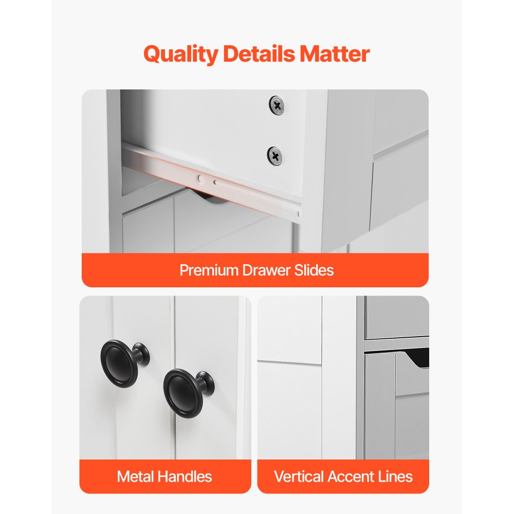 VEVOR Bathroom Floor Cabinet, 3-Tier, Wooden Storage Organizer with 2 Doors, 4 Drawers and Adjustable Shelf, Modern Home Furniture Freestanding Cupboard for Kitchen/Living Room/Entryway Use, White