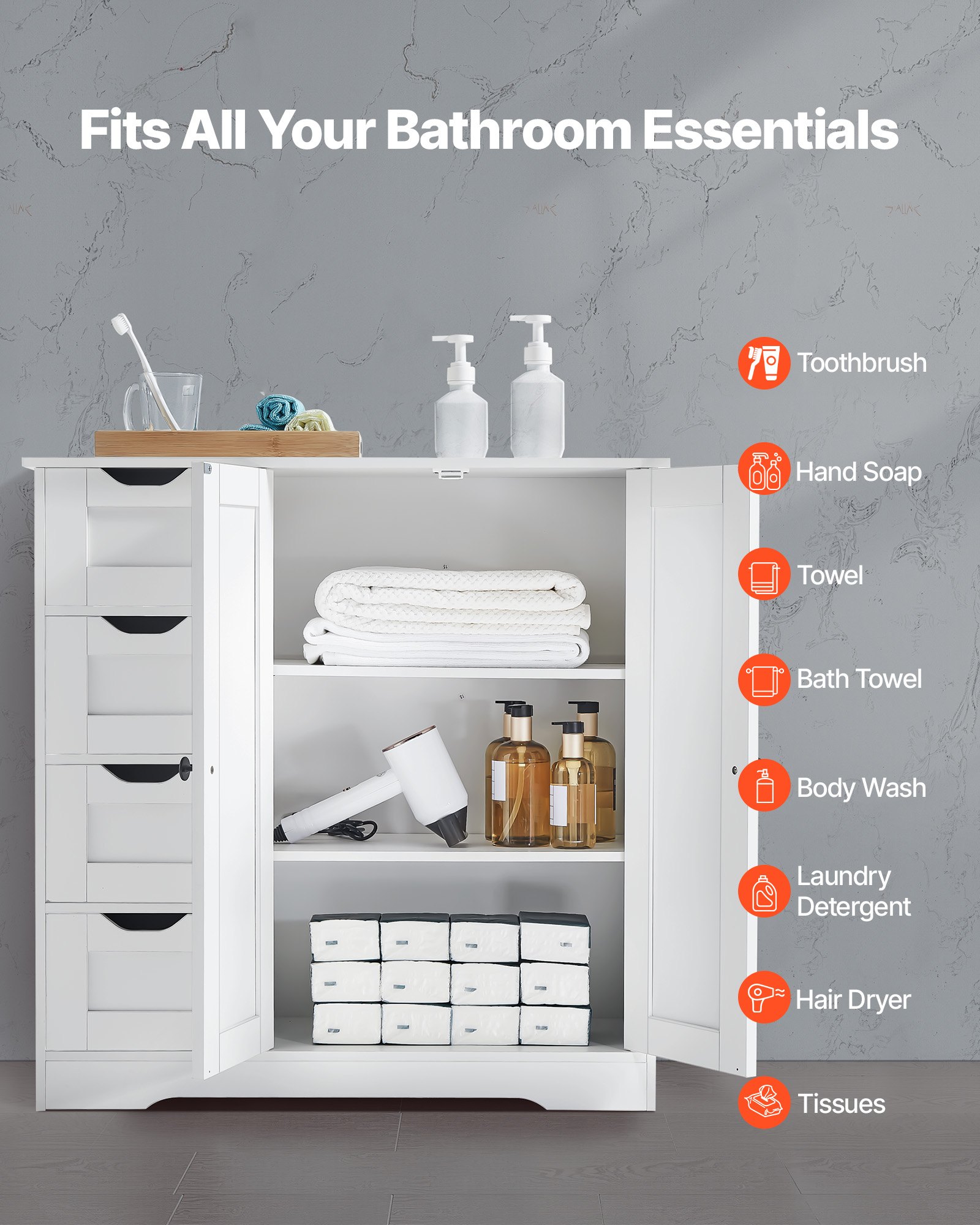 VEVOR Bathroom Floor Cabinet, 3-Tier, Wooden Storage Organizer with 2 Doors, 4 Drawers and Adjustable Shelf, Modern Home Furniture Freestanding Cupboard for Kitchen/Living Room/Entryway Use, White