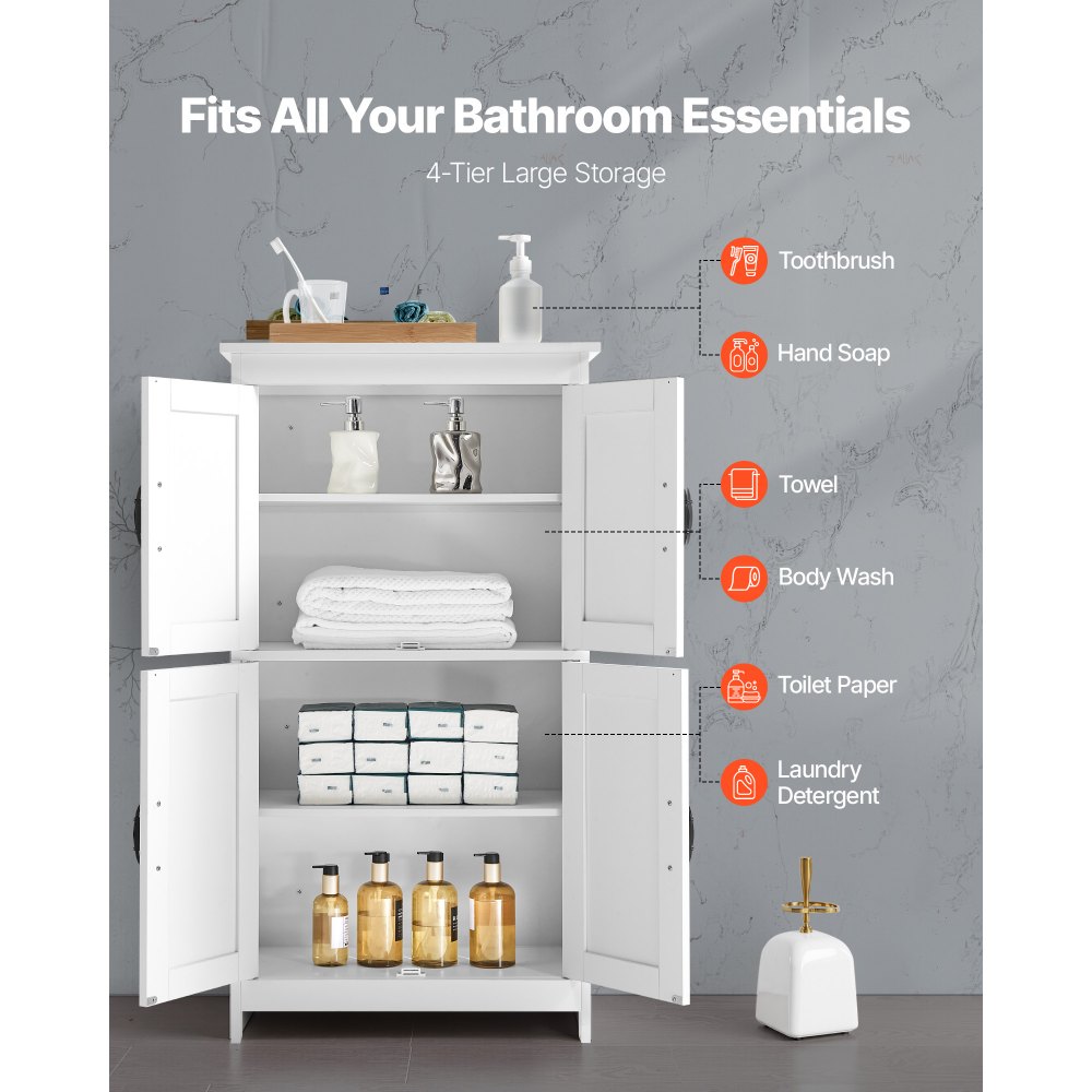 VEVOR Mobiletto da Bagno a 4 Ripiani con 4 Ante Ripiano Regolabile, Credenza da Pavimento Armadietto da Pavimento per Cucina Soggiorno Ingresso, Mobile Multifunzionale per Casa, Bianco