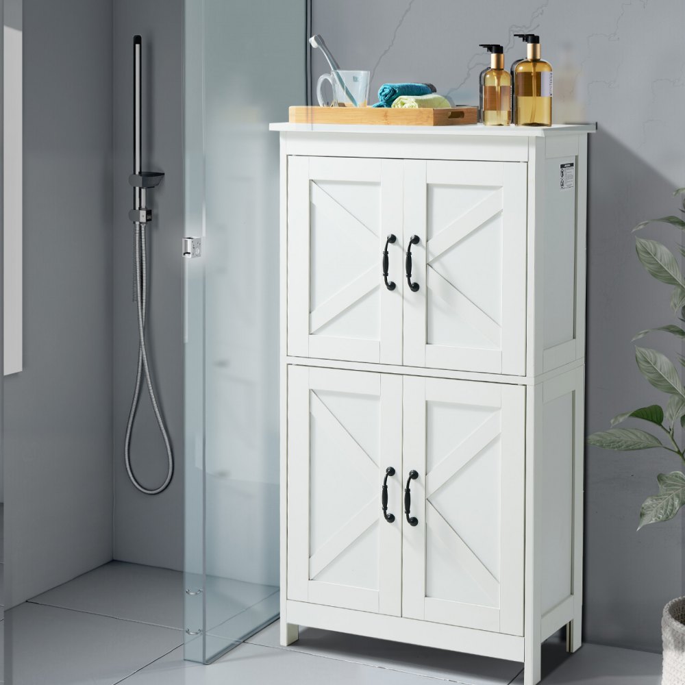 VEVOR Mobiletto da Bagno a 4 Ripiani con 4 Ante Ripiano Regolabile, Credenza da Pavimento Armadietto da Pavimento per Cucina Soggiorno Ingresso, Mobile Multifunzionale per Casa, Bianco