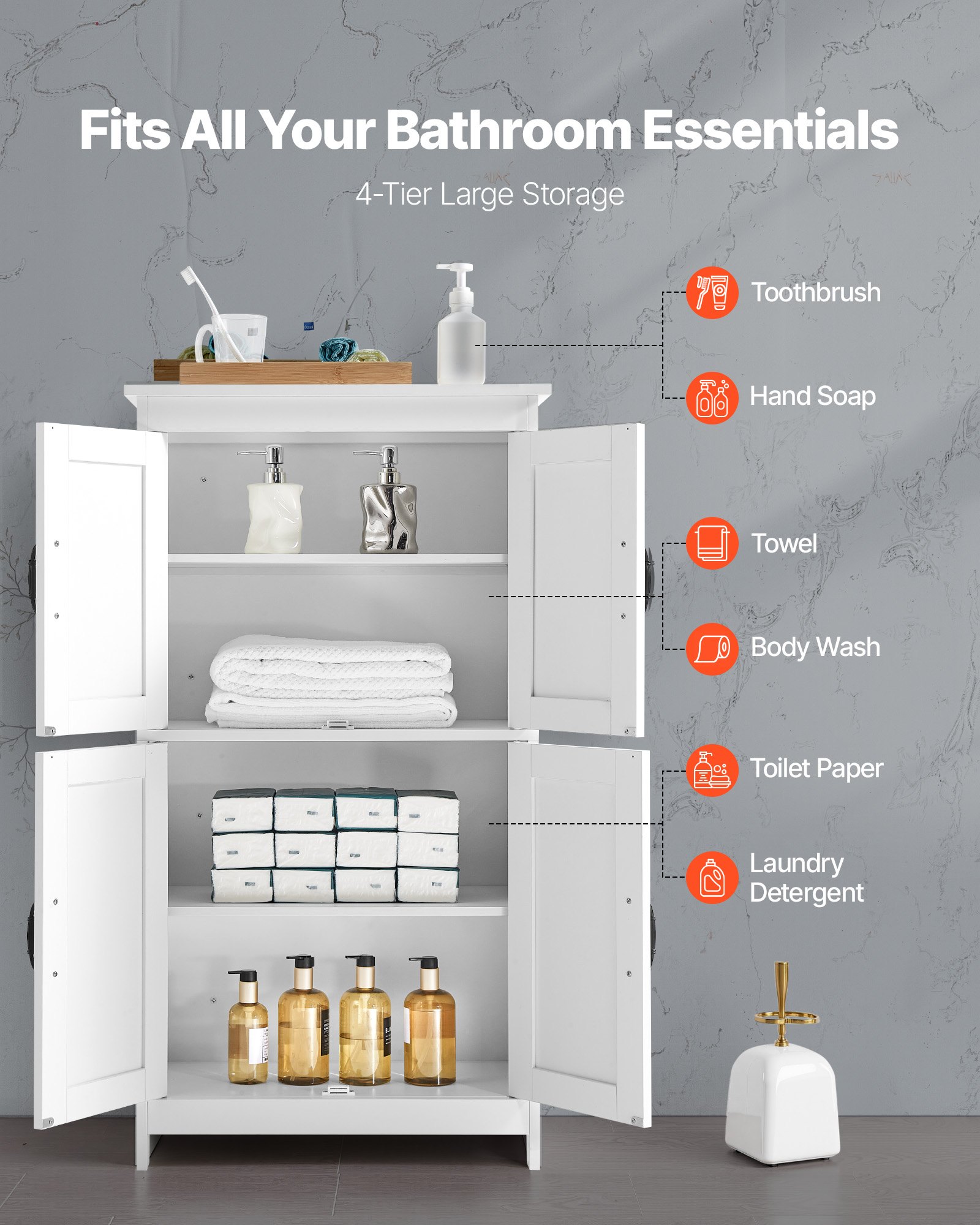 VEVOR Mobiletto da Bagno a 4 Ripiani con 4 Ante Ripiano Regolabile, Credenza da Pavimento Armadietto da Pavimento per Cucina Soggiorno Ingresso, Mobile Multifunzionale per Casa, Bianco