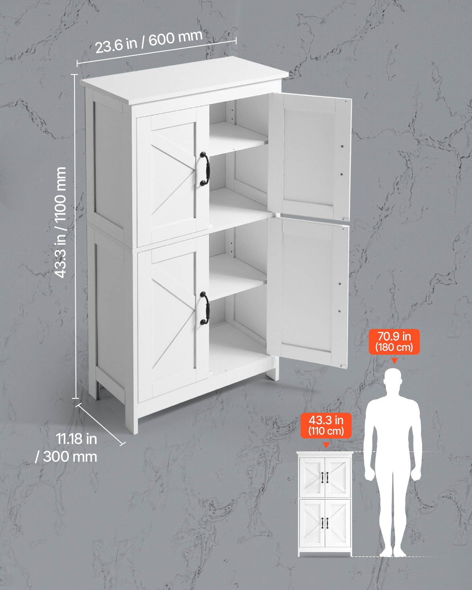 VEVOR Mobiletto da Bagno a 4 Ripiani con 4 Ante Ripiano Regolabile, Credenza da Pavimento Armadietto da Pavimento per Cucina Soggiorno Ingresso, Mobile Multifunzionale per Casa, Bianco