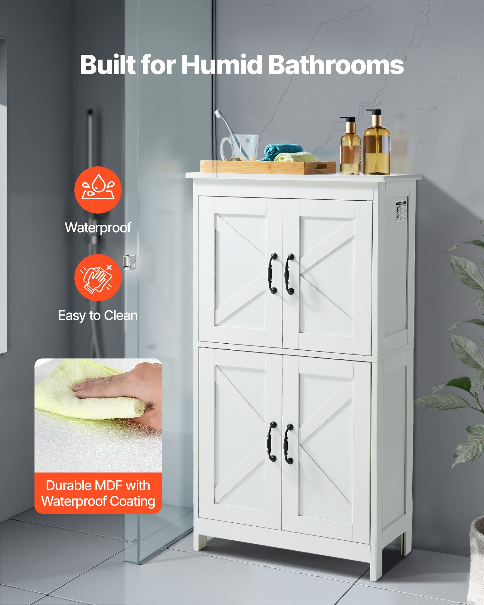 VEVOR Mobiletto da Bagno a 4 Ripiani con 4 Ante Ripiano Regolabile, Credenza da Pavimento Armadietto da Pavimento per Cucina Soggiorno Ingresso, Mobile Multifunzionale per Casa, Bianco