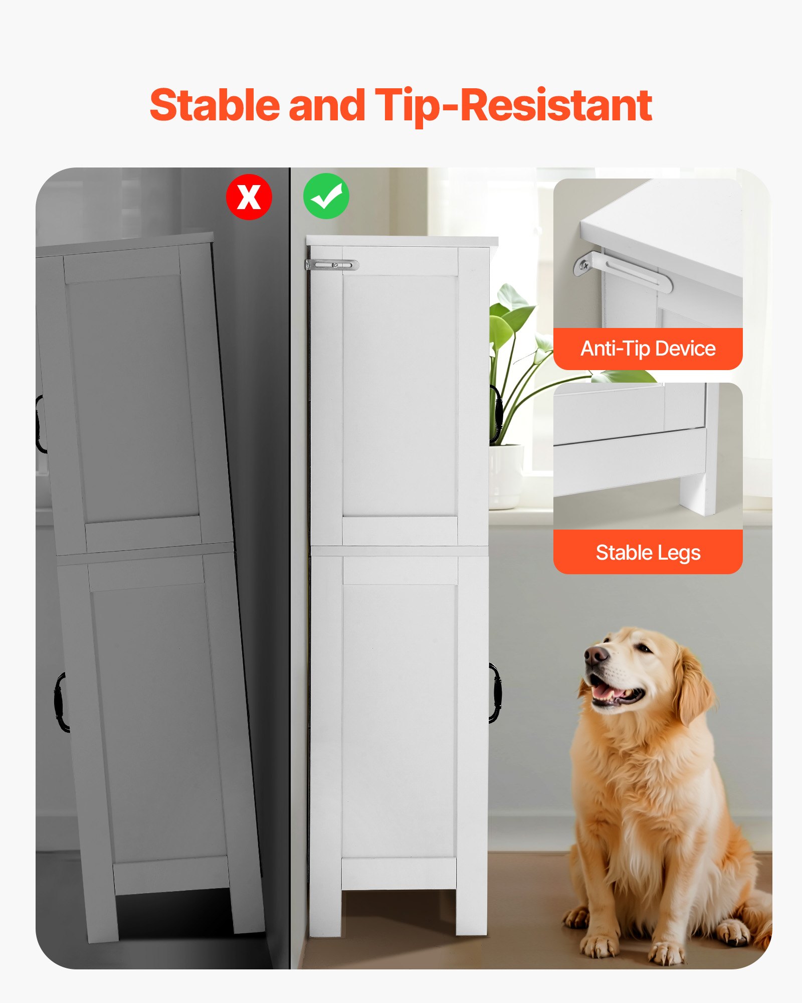 VEVOR Mobiletto da Bagno a 4 Ripiani con 4 Ante Ripiano Regolabile, Credenza da Pavimento Armadietto da Pavimento per Cucina Soggiorno Ingresso, Mobile Multifunzionale per Casa, Bianco