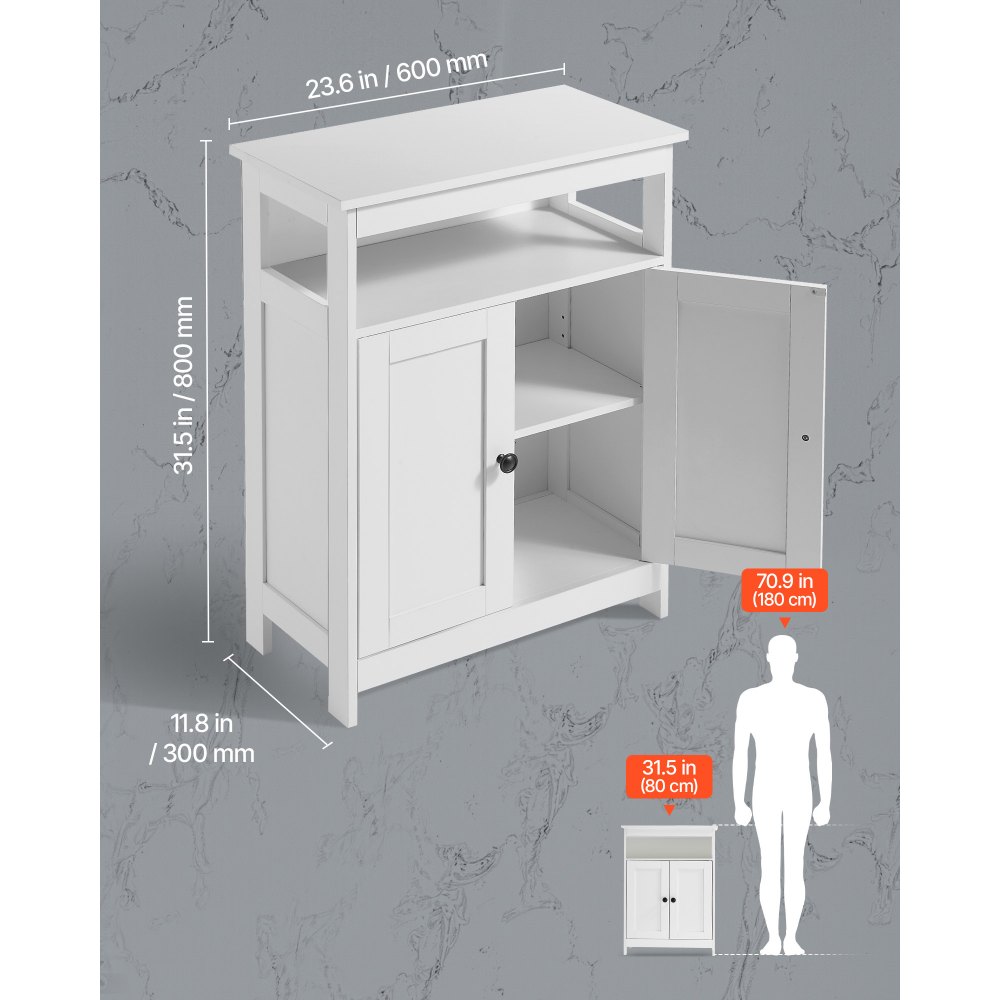 VEVOR Mobiletto da Bagno a 3 Ripiani con 2 Ante Ripiano Regolabile, Credenza da Pavimento per Cucina Soggiorno Ingresso, Armadietto Multifunzionale da Cucina, Bianco