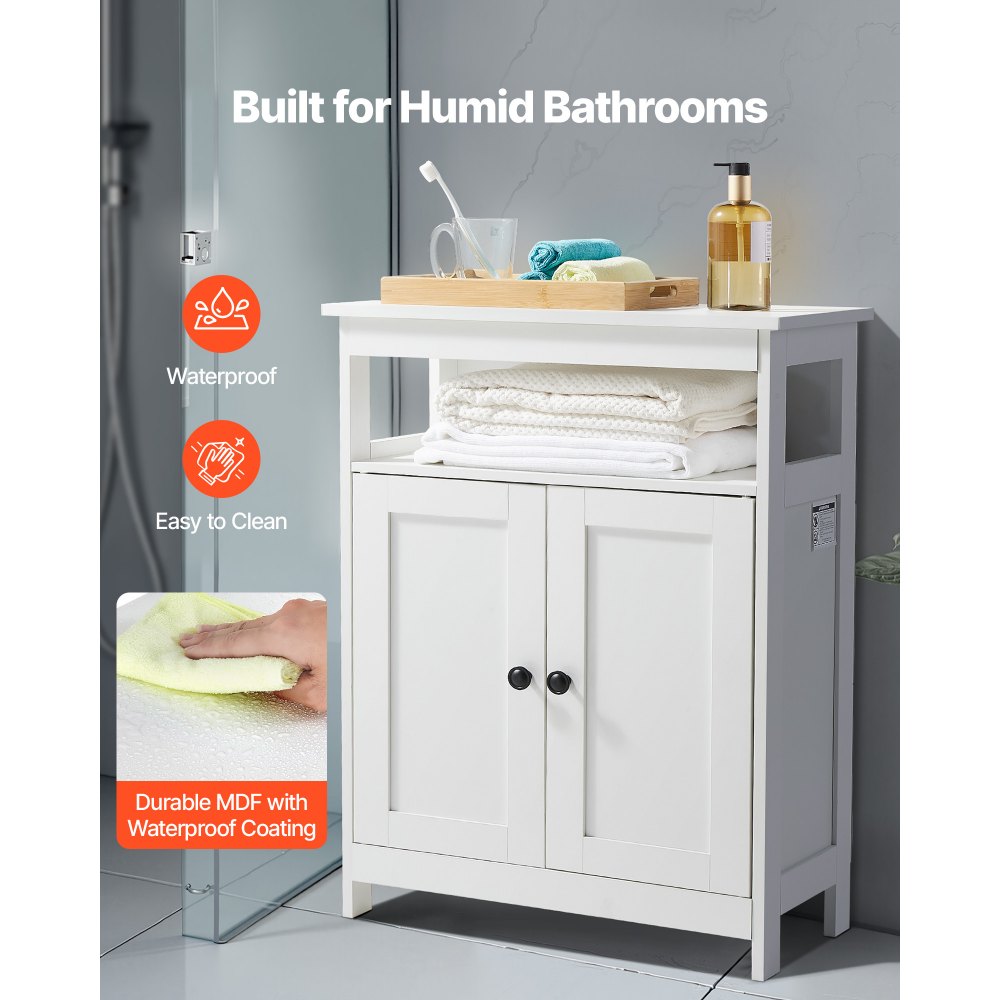 VEVOR Mobiletto da Bagno a 3 Ripiani con 2 Ante Ripiano Regolabile, Credenza da Pavimento per Cucina Soggiorno Ingresso, Armadietto Multifunzionale da Cucina, Bianco