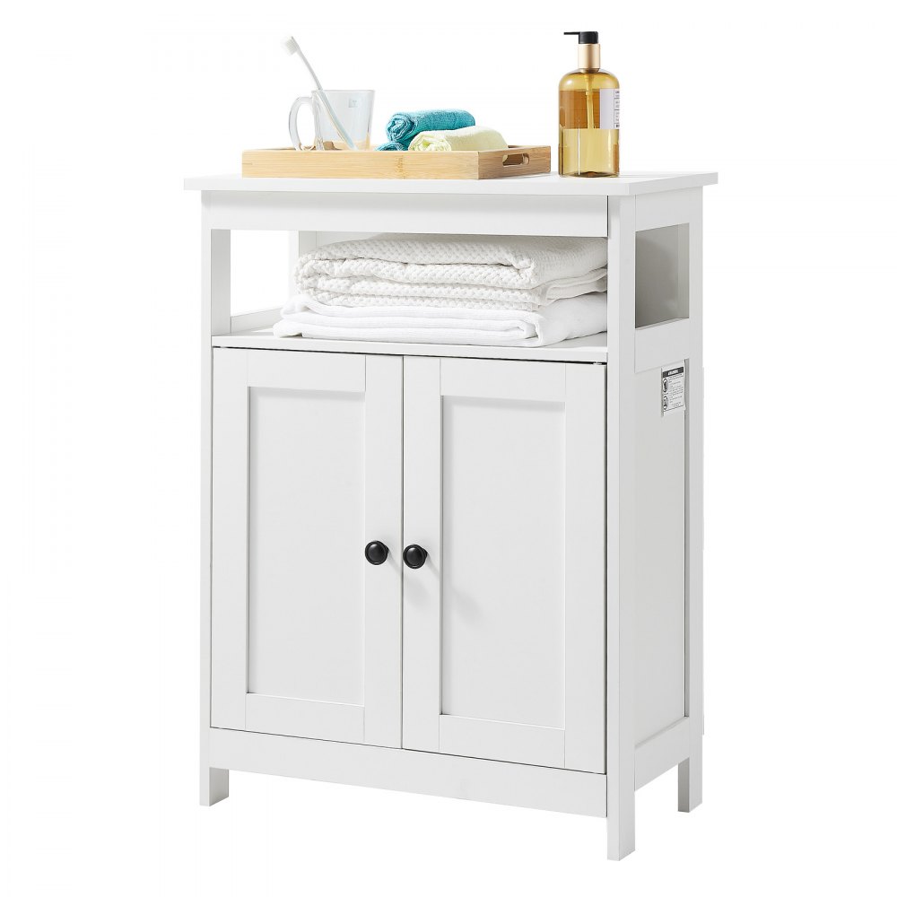 VEVOR Mobiletto da Bagno a 3 Ripiani con 2 Ante Ripiano Regolabile, Credenza da Pavimento per Cucina Soggiorno Ingresso, Armadietto Multifunzionale da Cucina, Bianco