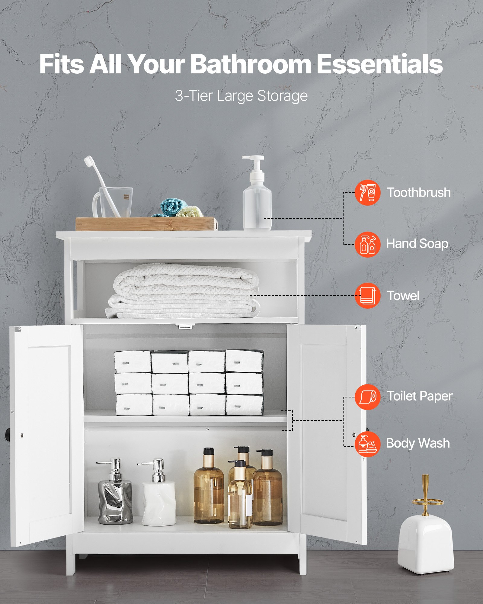 VEVOR Mobiletto da Bagno a 3 Ripiani con 2 Ante Ripiano Regolabile, Credenza da Pavimento per Cucina Soggiorno Ingresso, Armadietto Multifunzionale da Cucina, Bianco