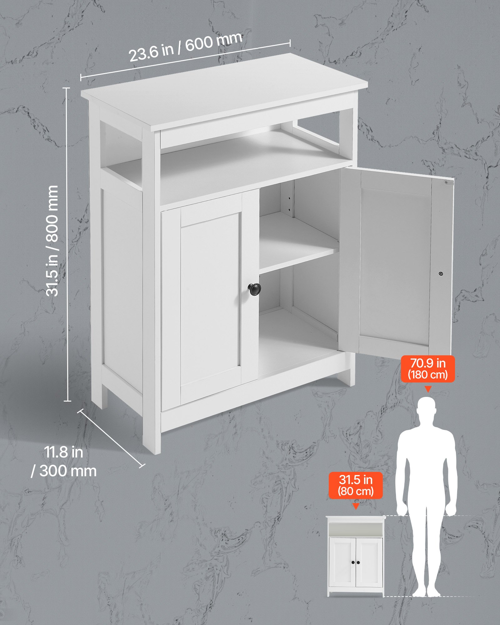VEVOR Mobiletto da Bagno a 3 Ripiani con 2 Ante Ripiano Regolabile, Credenza da Pavimento per Cucina Soggiorno Ingresso, Armadietto Multifunzionale da Cucina, Bianco