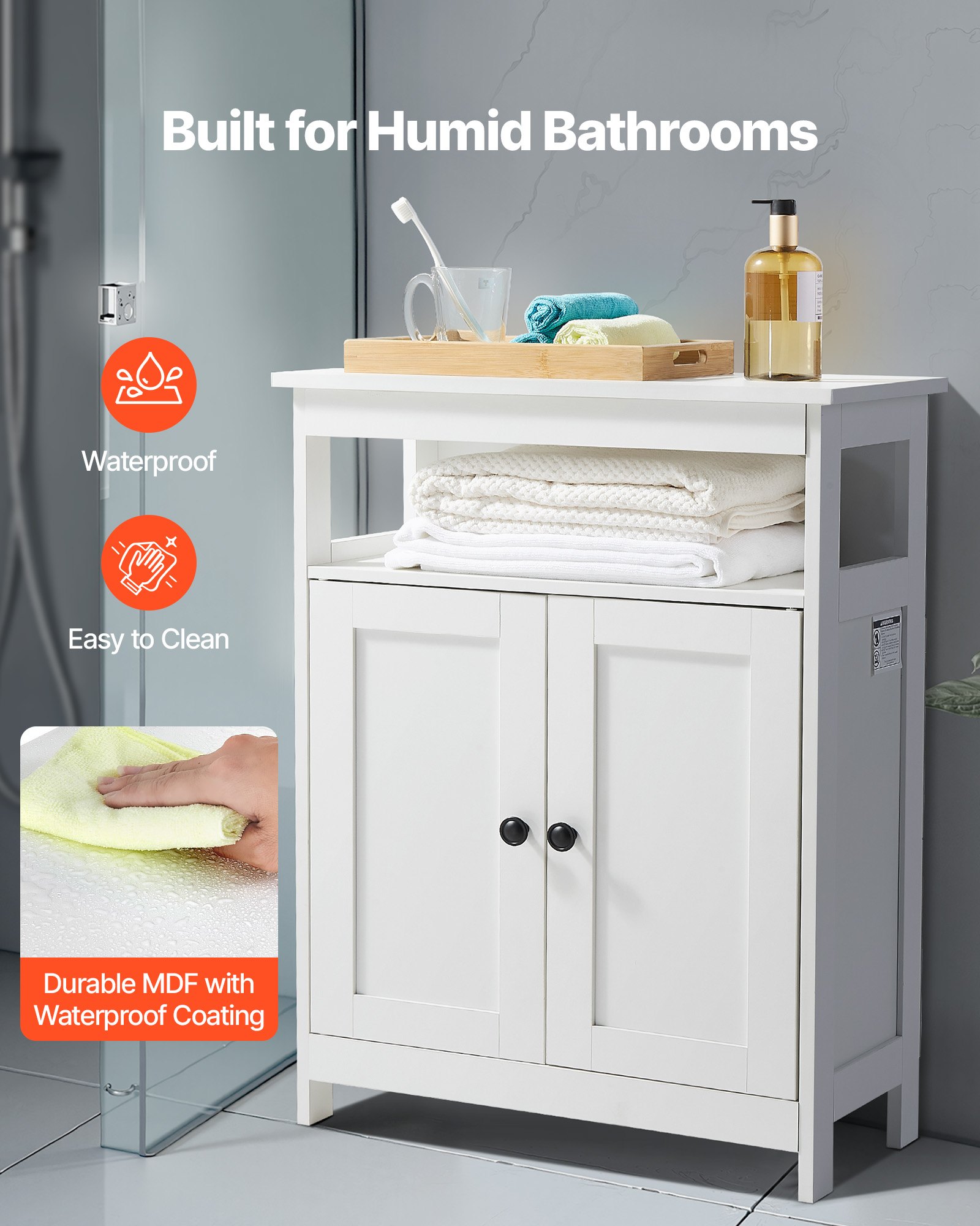 VEVOR Mobiletto da Bagno a 3 Ripiani con 2 Ante Ripiano Regolabile, Credenza da Pavimento per Cucina Soggiorno Ingresso, Armadietto Multifunzionale da Cucina, Bianco