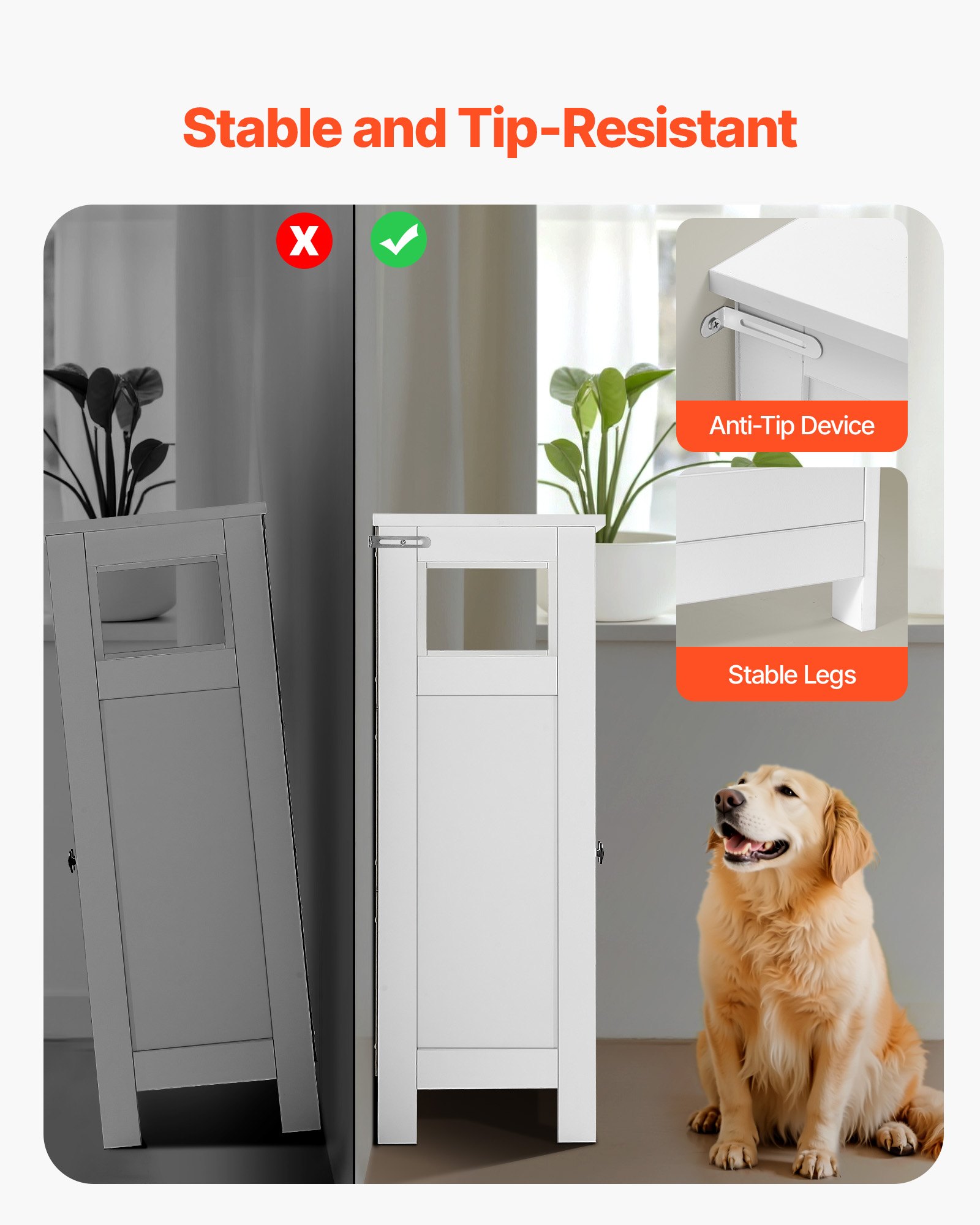 VEVOR Mobiletto da Bagno a 3 Ripiani con 2 Ante Ripiano Regolabile, Credenza da Pavimento per Cucina Soggiorno Ingresso, Armadietto Multifunzionale da Cucina, Bianco