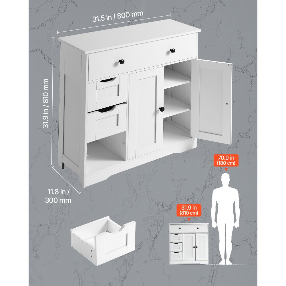 VEVOR Bathroom Floor Cabinet, 4-Tier, Wooden Storage Organizer with 2 Doors, 4 Drawers and Adjustable Shelf, Modern Home Furniture Freestanding Cupboard for Kitchen/Living Room/Entryway Use, White