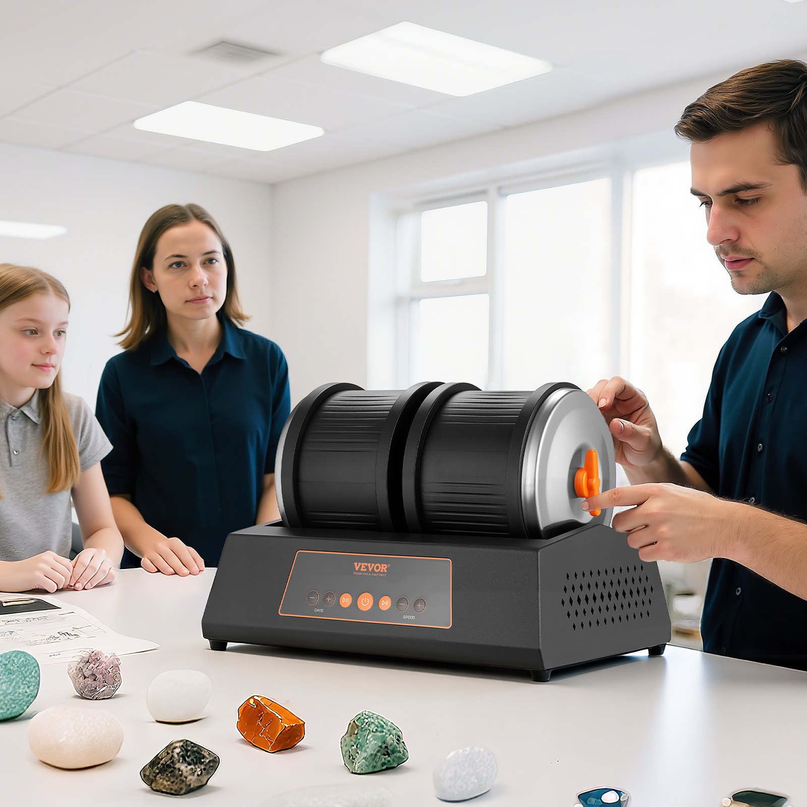 VEVOR Lucidatrice Elettrica per Rocce, Carico 3,63 kg, Doppio Tamburo, 4 Livelli di Velocità, Set per Lucidatura di Pietre con Timer di Lucidatura, Pannello di Controllo e Adattatore, Nero