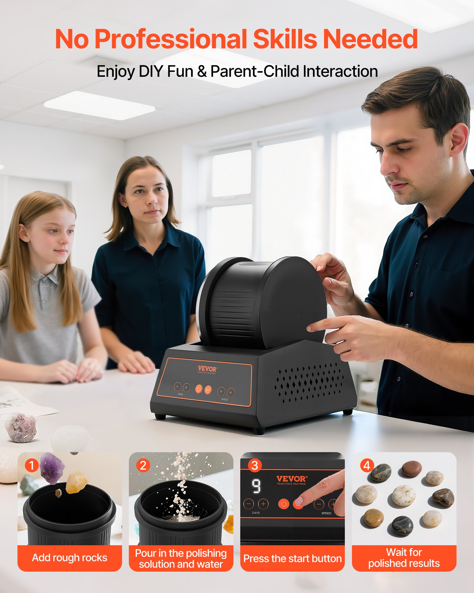 VEVOR Lucidatrice Elettrica per Rocce, Carico 1,81 kg, 4 Livelli di Velocità, Set per Lucidatura con Pietre con Timer, Pannello di Controllo, Protezione da Sovraccarico e Adattatore, Nero