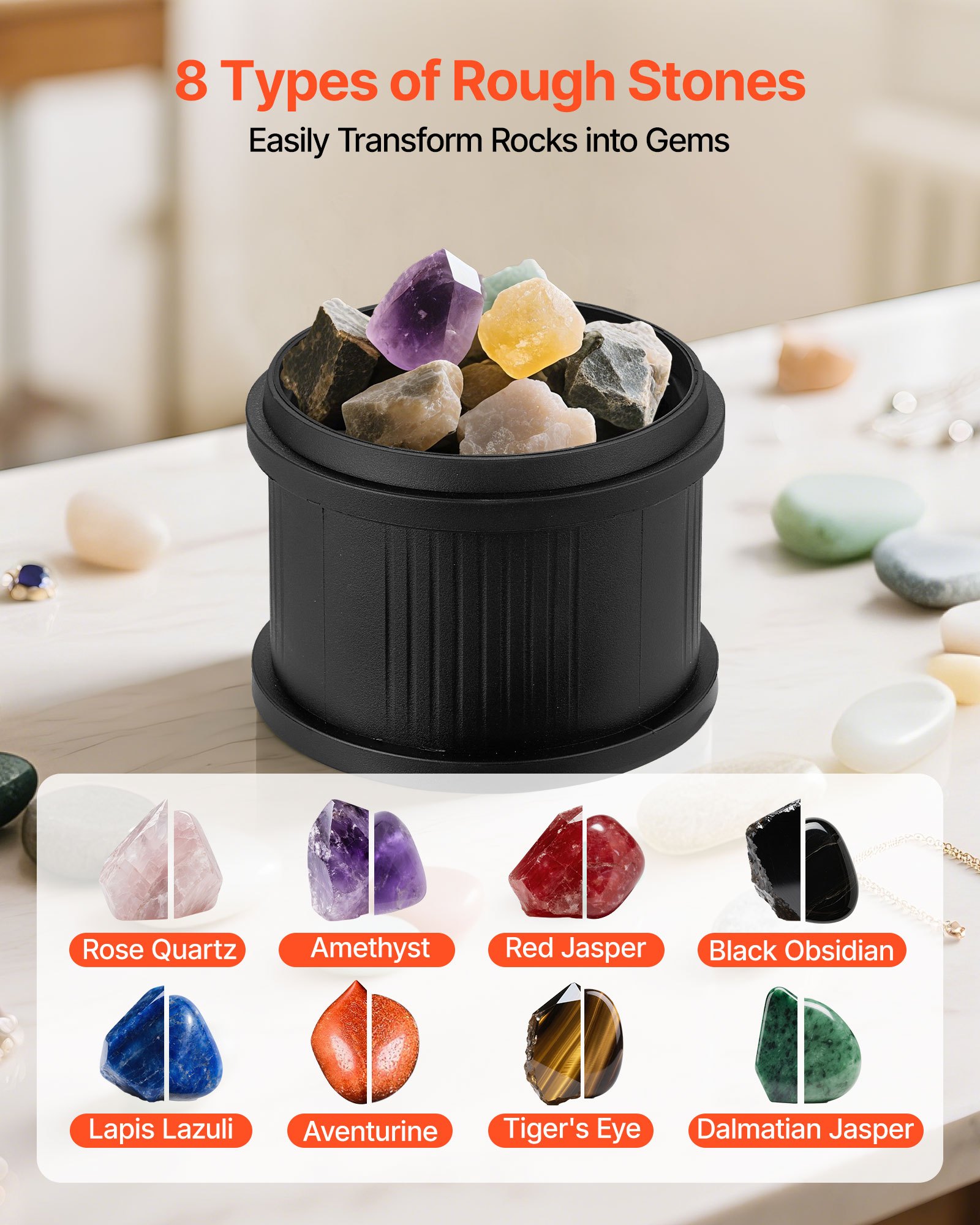 VEVOR Lucidatrice Elettrica per Rocce, Carico 1,36 kg, 4 Livelli di Velocità, Set per Lucidatura con Pietre Preziose Grezze e Grani Lucidanti, Timer di Lucidatura e Pannello di Controllo, Nero