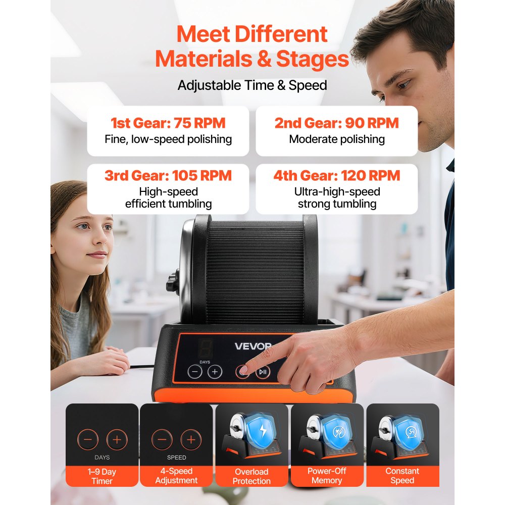VEVOR Lucidatrice Elettrica, Carico 0,9 kg, 4 Livelli di Velocità, Set per Lucidatura con Pietre Preziose Grezze e Grani Lucidanti, Timer di Lucidatura e Pannello di Controllo Intuitivo, Nero