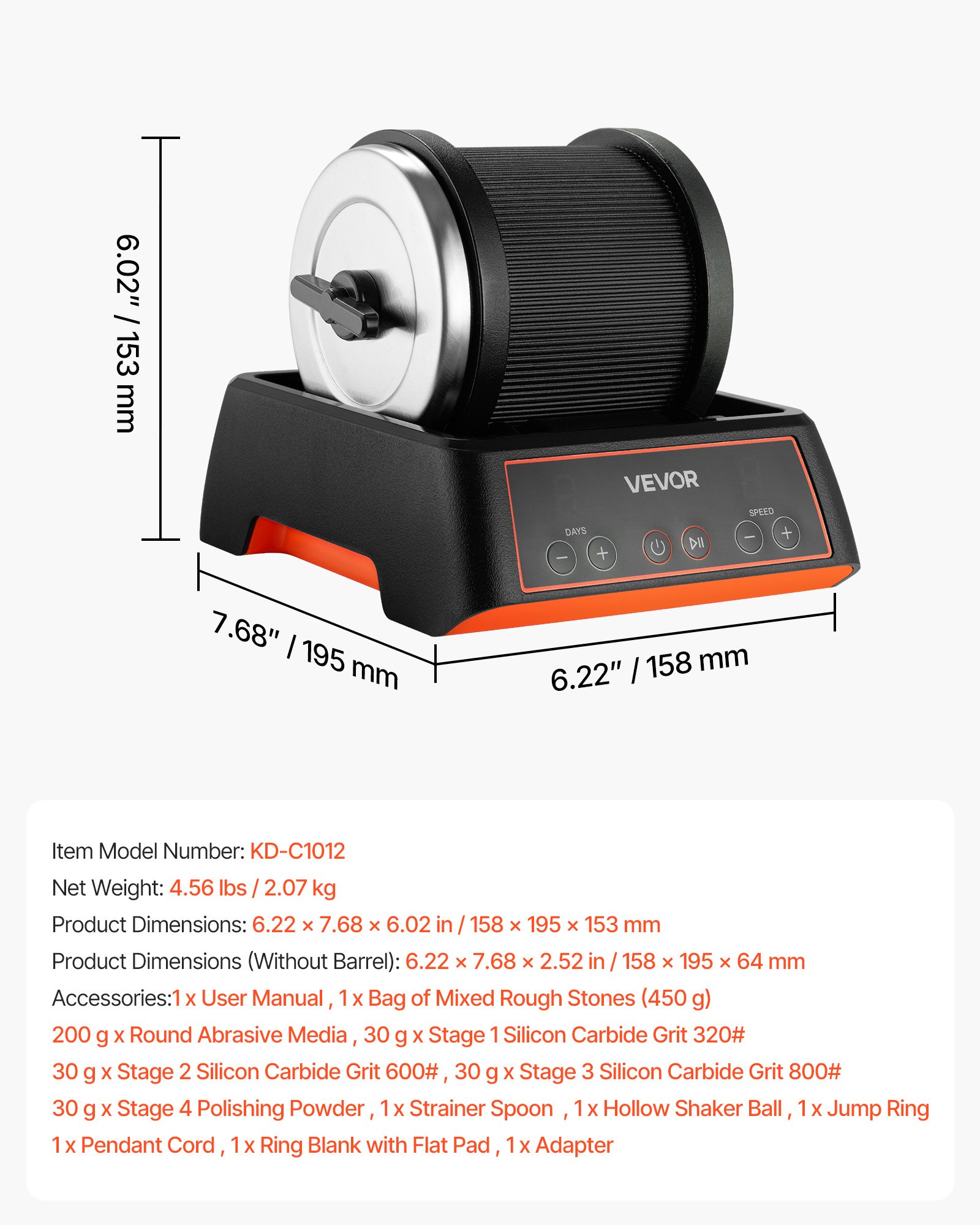 VEVOR Lucidatrice Elettrica, Carico 0,9 kg, 4 Livelli di Velocità, Set per Lucidatura con Pietre Preziose Grezze e Grani Lucidanti, Timer di Lucidatura e Pannello di Controllo Intuitivo, Nero