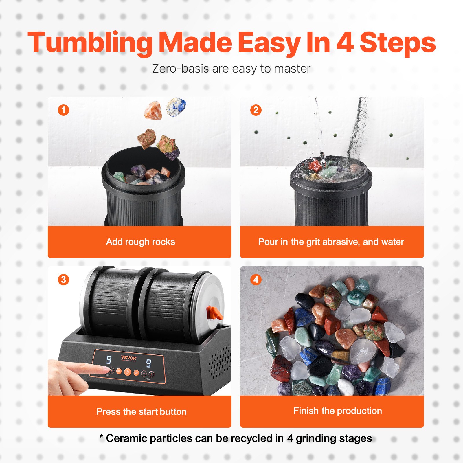 VEVOR Lucidatrice Rotativa per Rocce a Doppio Barile, Capacità 3,6 kg, 9 Impostazioni Velocità, Timer Lucidatura 9 Giorni, Motore a Trasmissione Diretta Silenziosa 35 dB, Nero 130 x 152 mm