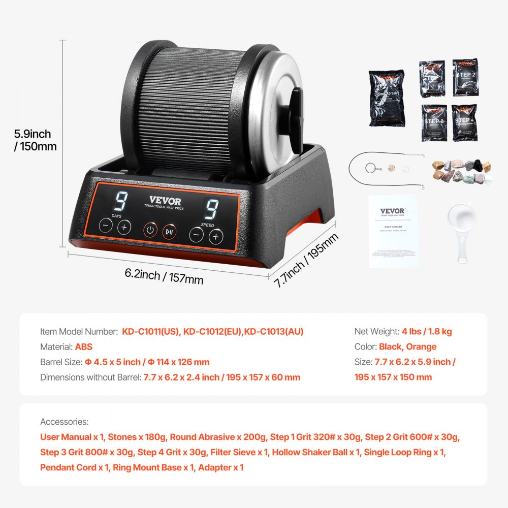 VEVOR Kit Lucidatrice per Rocce 1,1 kg, 9 Velocità, Timer di Lucidatura 9 Giorni, Kit per Lucidatura Pietre, Lucidatrice per Rocce con Pietre Preziose Grezze e Graniglie per Lucidatura per Rocce