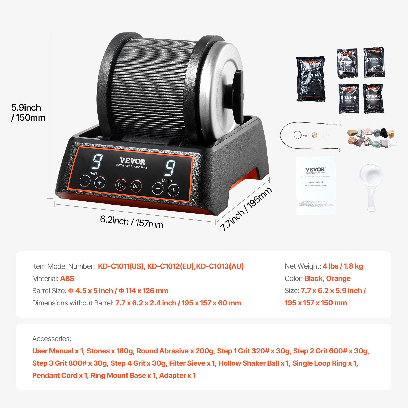 VEVOR Kit Lucidatrice per Rocce 1,1 kg, 9 Velocità, Timer di Lucidatura 9 Giorni, Kit per Lucidatura Pietre, Lucidatrice per Rocce con Pietre Preziose Grezze e Graniglie per Lucidatura per Rocce