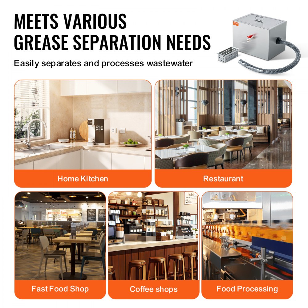 VEVOR Commercial Grease Separator, 8 lbs Grease Separator, Side Inlet Separator, Stainless Steel Under Sink Grease Separator, 2.8 GPM Wastewater Oil Water Separator, for Restaurants etc.