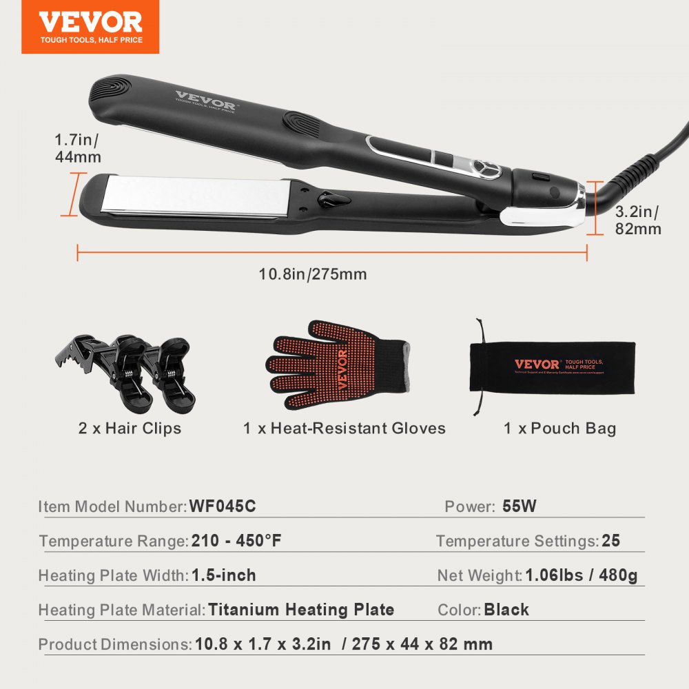 VEVOR Piastra per Capelli a Riscaldamento 38,1 mm 55 W, Piastra per Capelli in Titanio con Schermo LCD 25 Livelli di Temperatura 98,88 °C a 232,22 °C, Ideale per Uso in Viaggio, a Casa e in Salone