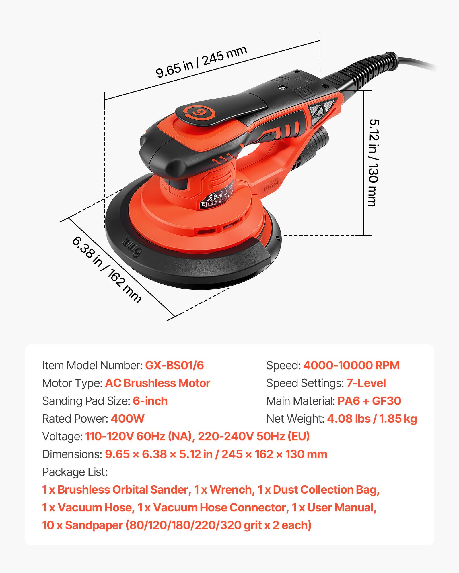 VEVOR Levigatrice Rotorbitale da 152 mm 400 W con Motore Brushless e Cavo, 4000-10000 giri/min, 7 Velocità, con 10 Dischi Abrasivi, Sacchetto Raccoglipolvere e Tubo di Aspirazione, per Legno e Mobili