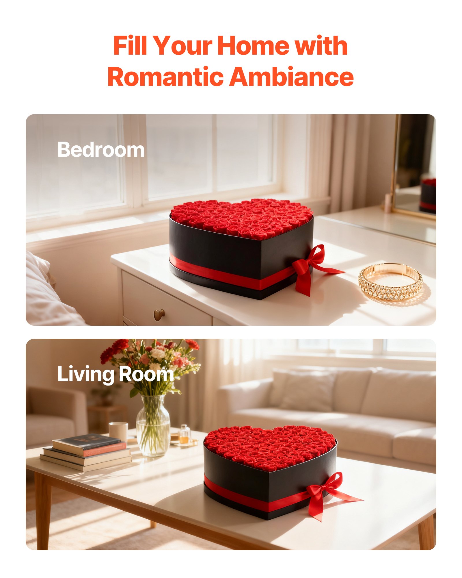 VEVOR Fiori Secchi Ornamentali 100 Rose Stabilizzate in Scatola a Forma di Cuore, Bouquet di Fiori Eterni Immortali, Rosa Eterna Vera, Ampia Gamma di Utilizzi Anniversario, Natale, Rosso