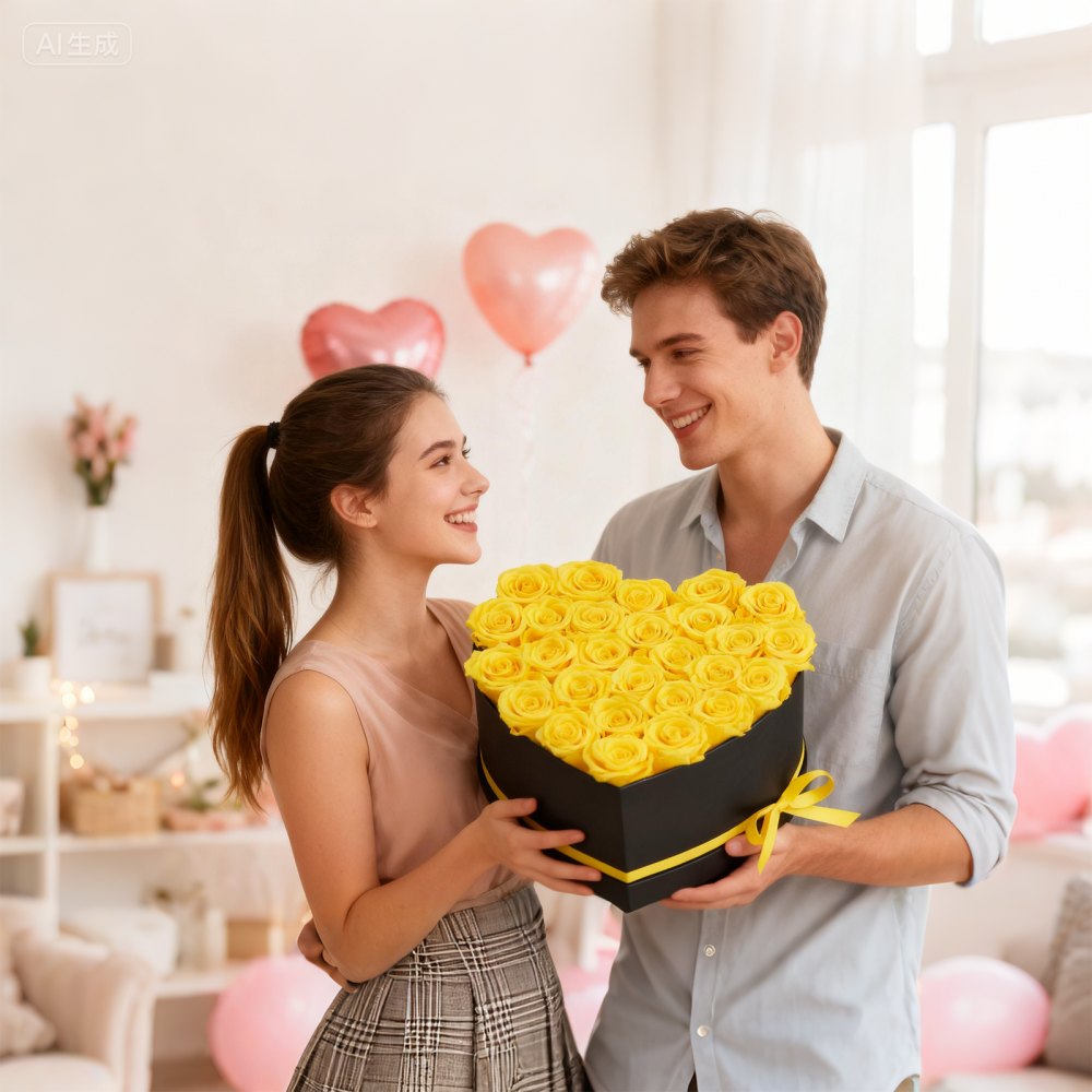 VEVOR Fiori Secchi Ornamentali 27 Rose Stabilizzate in Scatola a Forma di Cuore, Bouquet di Fiori Eterni Immortali, Rosa Eterna Vera, Ampia Gamma di Utilizzi Anniversario, Natale, Giallo