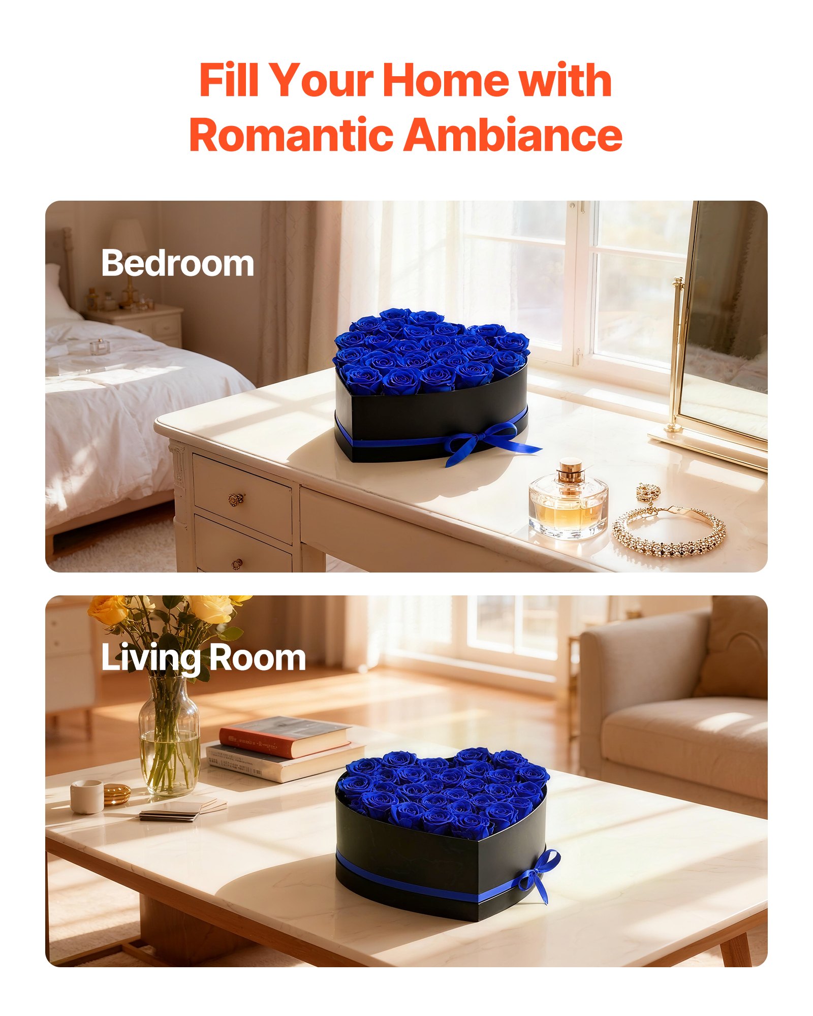 VEVOR Fiori Secchi Ornamentali 27 Rose Stabilizzate in Scatola a Forma di Cuore, Bouquet di Fiori Eterni Immortali, Rosa Eterna Vera, Ampia Gamma di Utilizzi Anniversario, Natale, Blu Reale