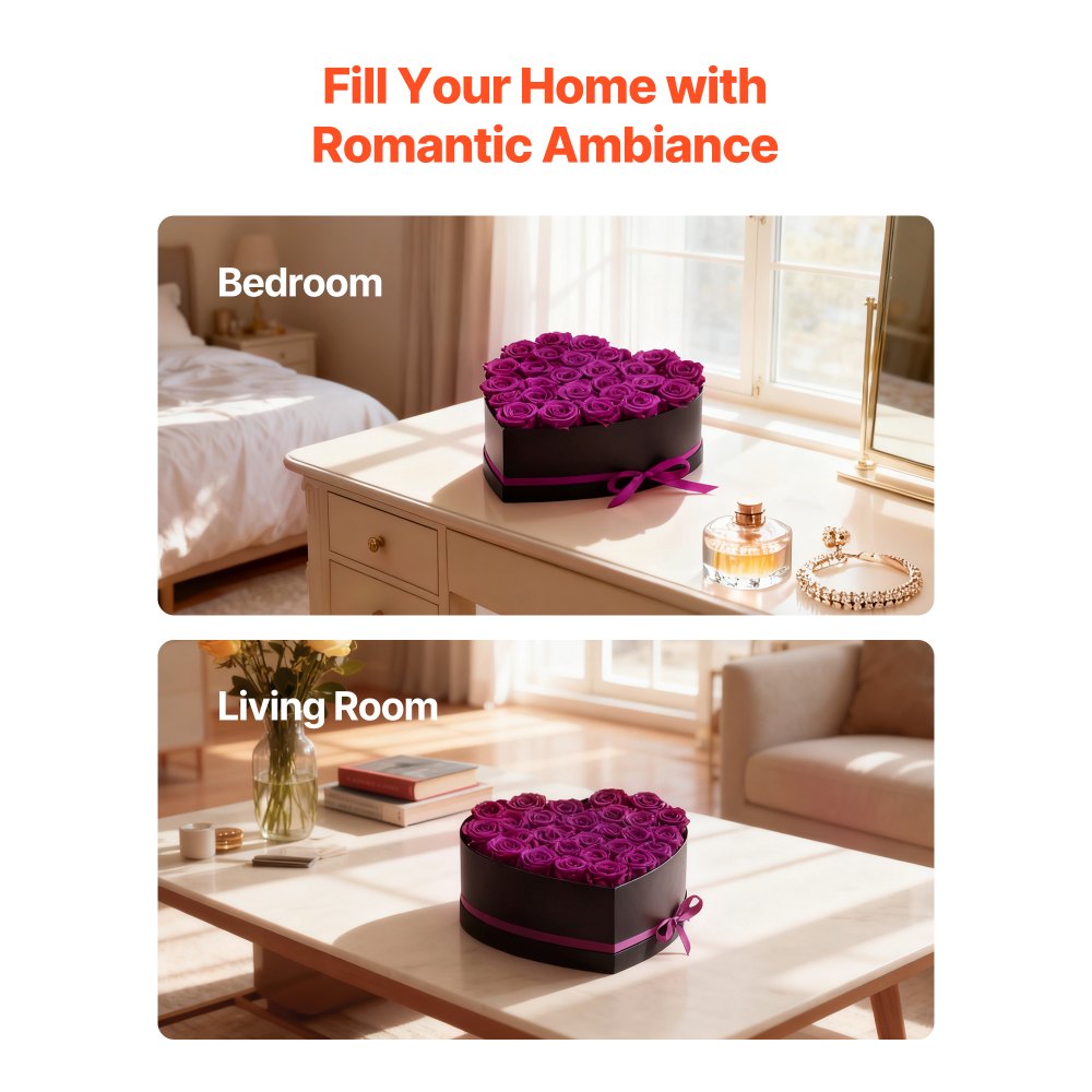 VEVOR Fiori Stabilizzati Veri 27 Rose Stabilizzate in Scatola a Forma di Cuore, Bouquet di Fiori Eterni Immortali, Rosa Eterna Vera, Ampia Gamma di Utilizzi Anniversario, Natale, Viola