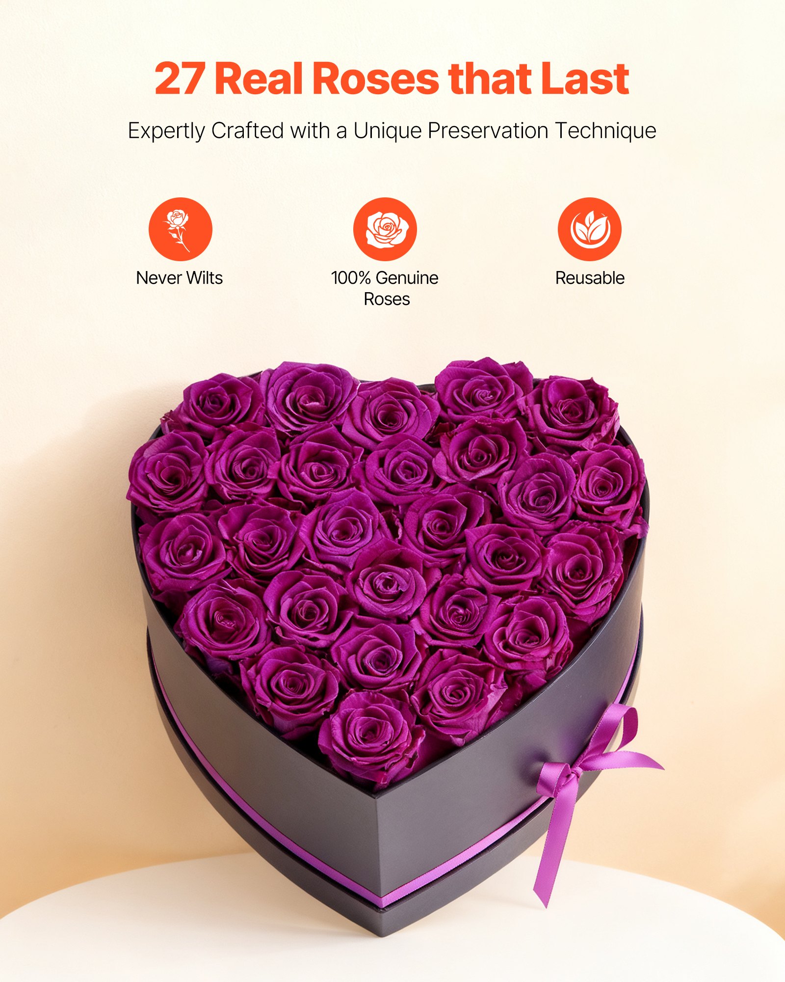 VEVOR Fiori Stabilizzati Veri 27 Rose Stabilizzate in Scatola a Forma di Cuore, Bouquet di Fiori Eterni Immortali, Rosa Eterna Vera, Ampia Gamma di Utilizzi Anniversario, Natale, Viola