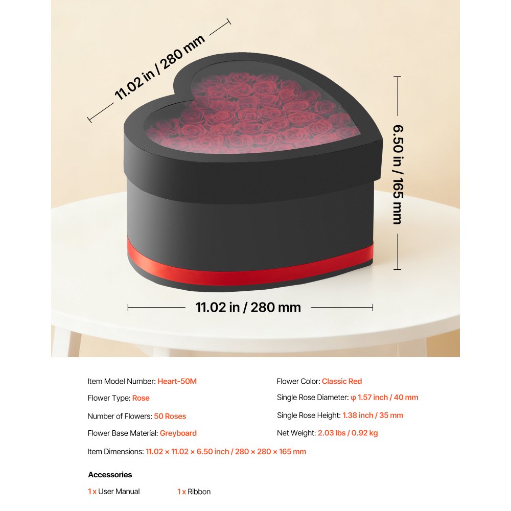 VEVOR Fiori Secchi Ornamentali 50 Rose Stabilizzate in Scatola a Forma di Cuore, Bouquet di Fiori Eterni, Rosa Eterna Vera, Ampia Gamma di Utilizzi Anniversario, San Valentino, Natale, Rosso