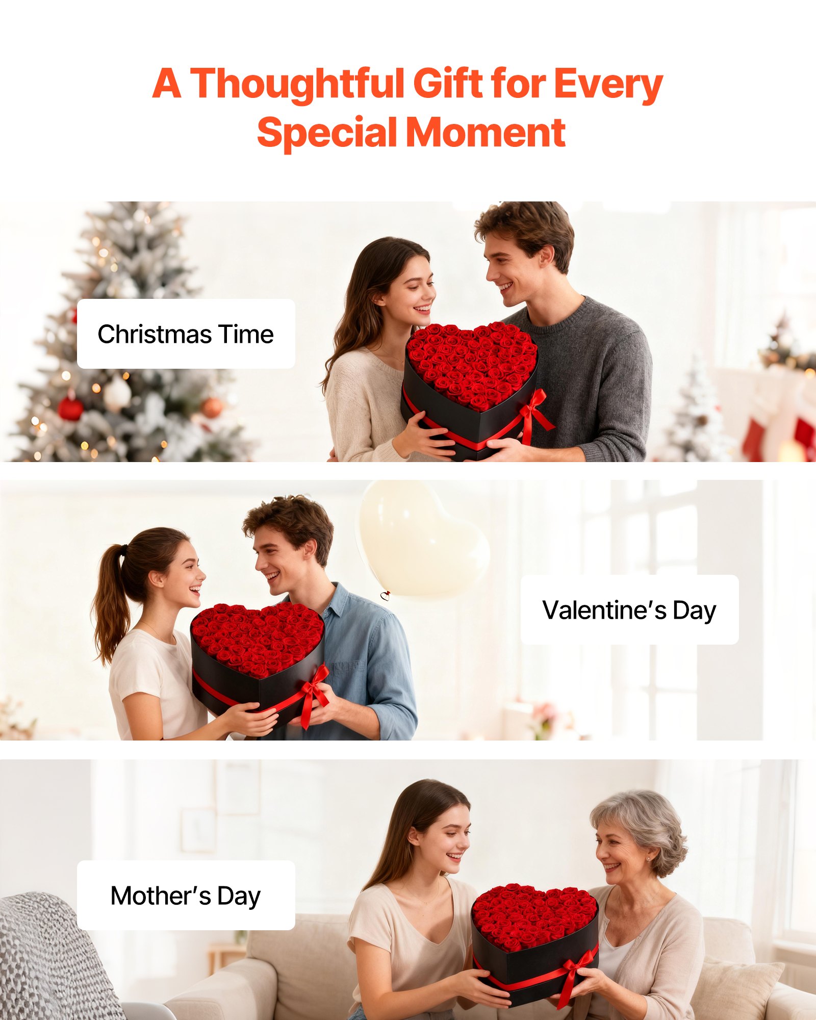 VEVOR Fiori Secchi Ornamentali 50 Rose Stabilizzate in Scatola a Forma di Cuore, Bouquet di Fiori Eterni, Rosa Eterna Vera, Ampia Gamma di Utilizzi Anniversario, San Valentino, Natale, Rosso