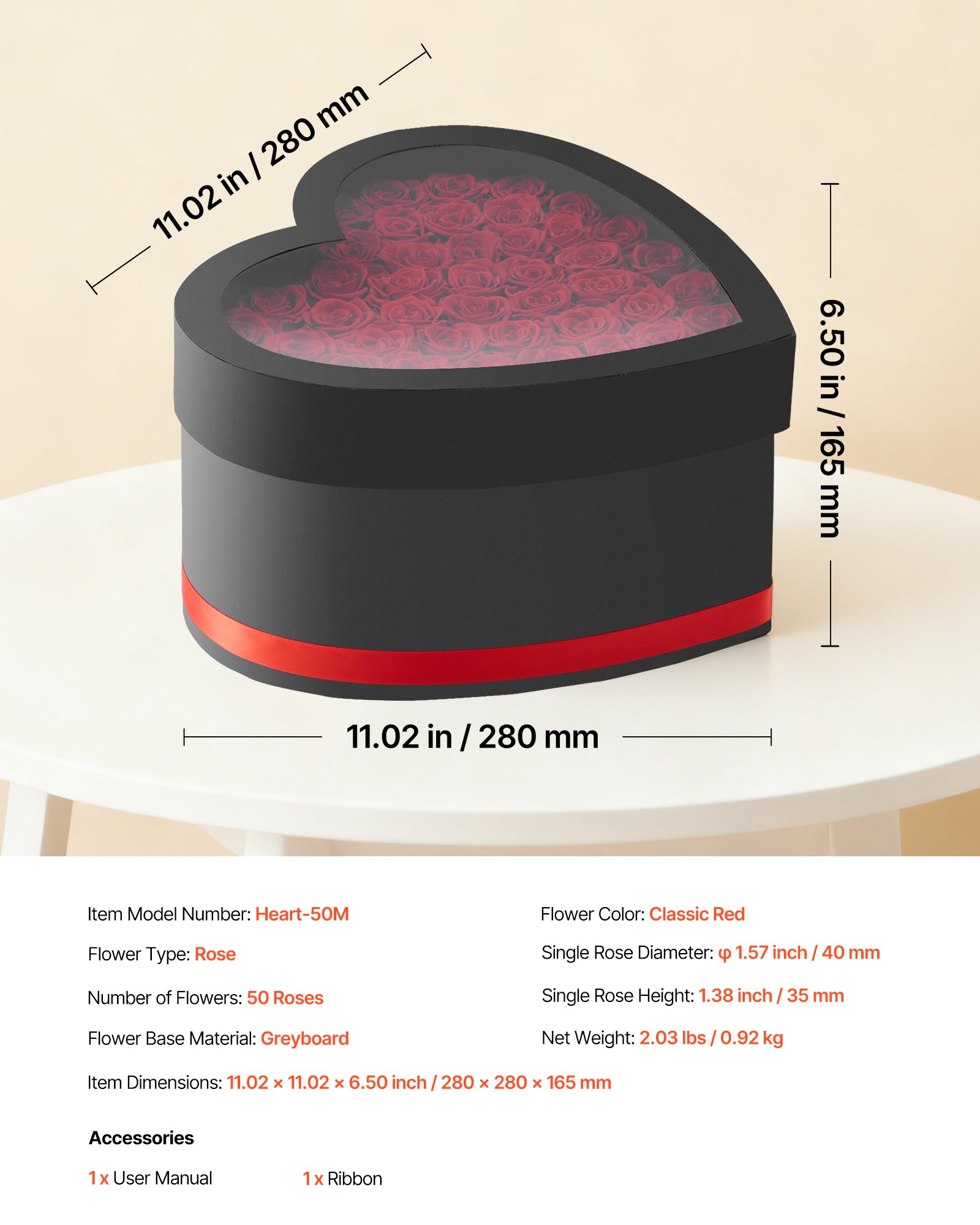 VEVOR Fiori Secchi Ornamentali 50 Rose Stabilizzate in Scatola a Forma di Cuore, Bouquet di Fiori Eterni, Rosa Eterna Vera, Ampia Gamma di Utilizzi Anniversario, San Valentino, Natale, Rosso