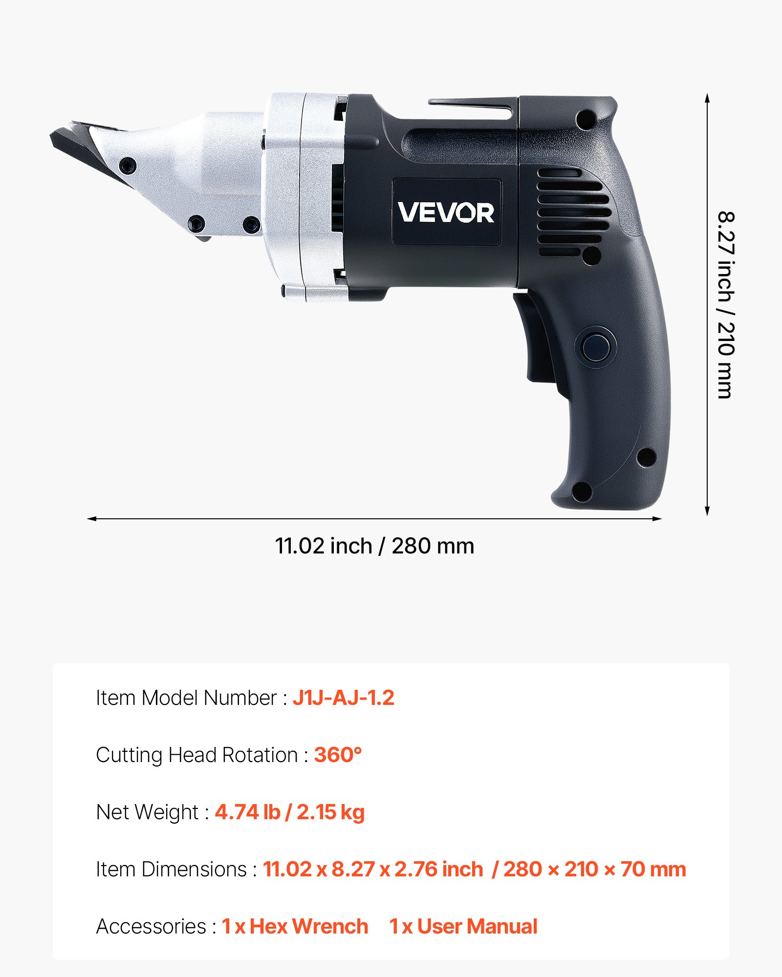 VEVOR Cesoia Elettrica per Metallo, Taglierina per Lamiera con Cavo da 4,0 A con Testa Girevole, Velocità Variabile, Taglio Continuo, per Acciaio Zincato 1,22 mm, Acciaio Inox 1 mm, 2500 giri/min