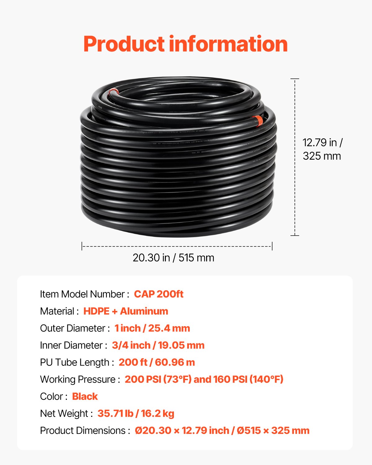 VEVOR Kit di Tubi per Compressore d'Aria, 60,96 m x 19,05 mm, Sistema di Tubazioni per Aria Compressa in HDPE-Alluminio, a Prova di Perdite, Resistente alla Pressione per Garage e Officine, Nero