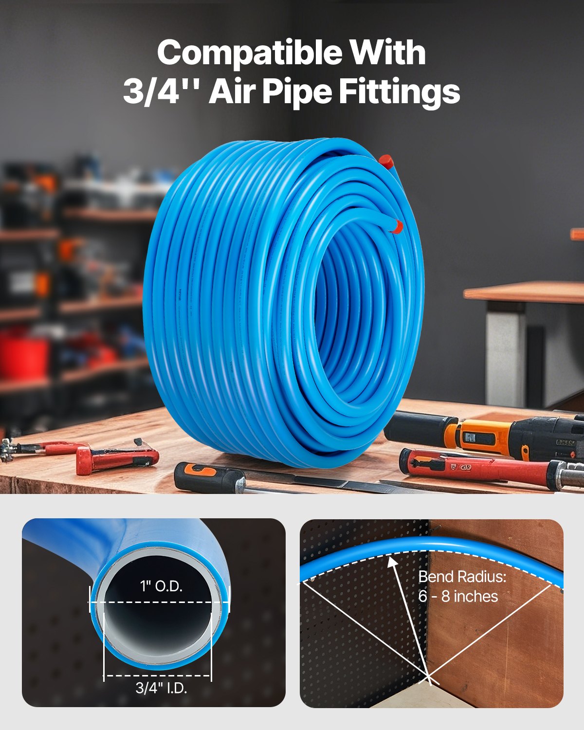 VEVOR Kit di Tubi per Compressore d'Aria, 91,44 mm x 19,05 mm, Sistema di Tubazioni per Aria Compressa in HDPE-Alluminio, a Prova di Perdite, Resistente alla Pressione per Garage e Officine, Blu